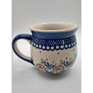 Handmade Polish Pottery Mug By A. Troszczak Boloslawcu 16 Oz Blue & White Floral